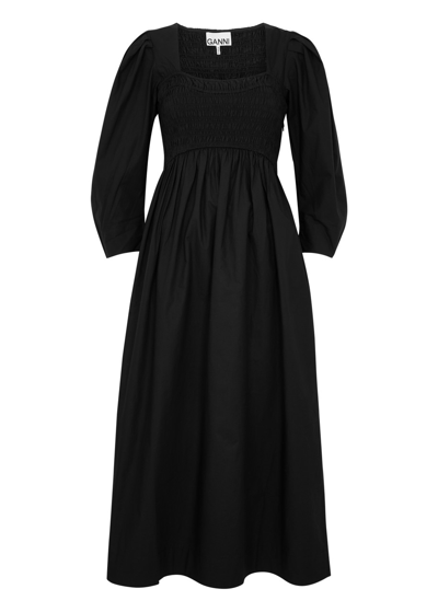 Shop Ganni Smocked Cotton-poplin Midi Dress In Black