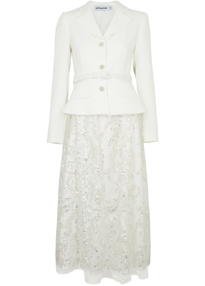 Shop Self-portrait Sequin-embellished Belted Midi Dress In Cream