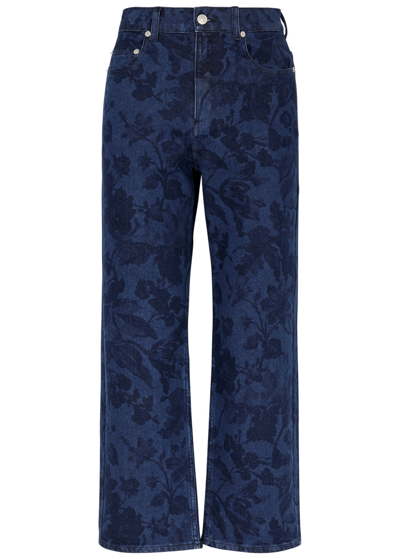 Shop Erdem Floral-print Cropped Straight-leg Jeans In Indigo
