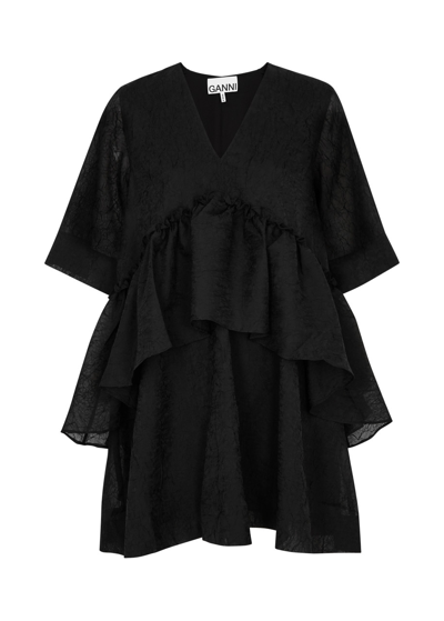 Shop Ganni Tiered Georgette Mini Dress In Black