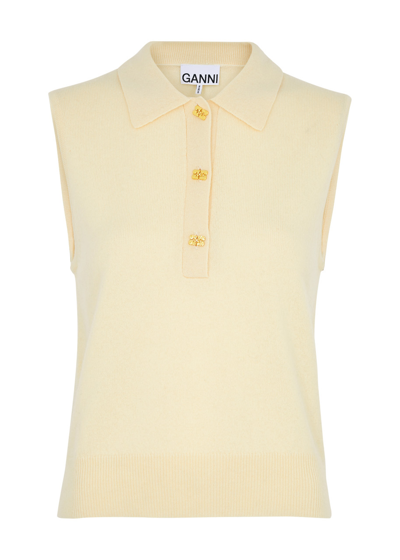 Shop Ganni Wool And Cashmere-blend Polo Top In Yellow