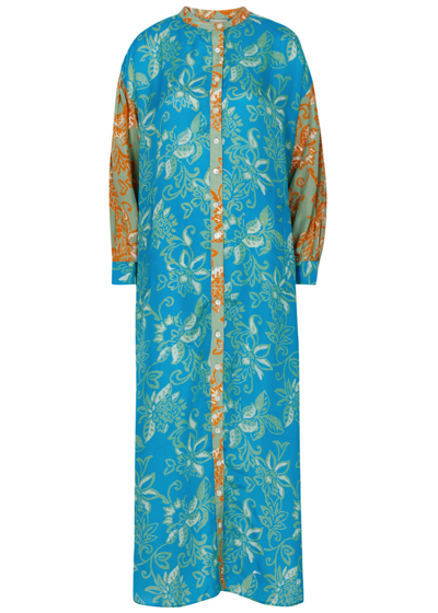 Shop Hannah Artwear Sierra Printed Silk Midi Dress In Blue