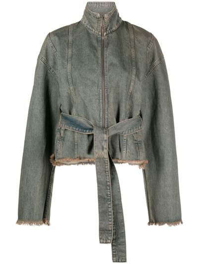 Shop Jade Cropper Grey Belted Denim Jacket In Blue