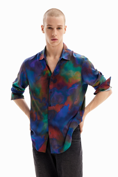 Shop Desigual Flowing Watercolour Shirt In Blue