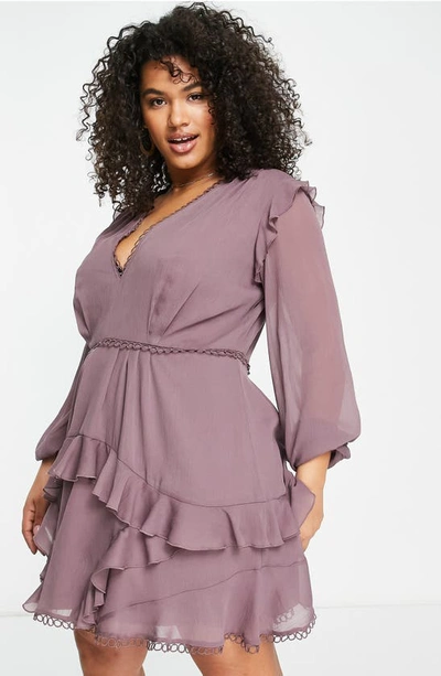 Asos Design Curve Mini Dress With Long Sleeve And Circle Trim In Mauve-red In Purple