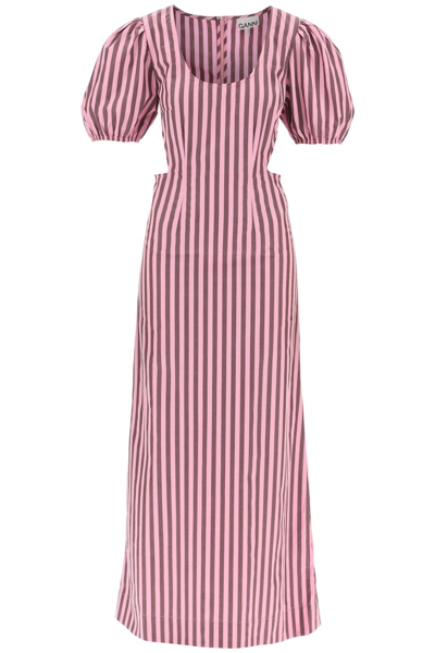 Shop Ganni Striped Maxi Dress With Cut Outs In Pink, Brown
