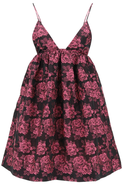 Shop Ganni Mini Dress In Floral Jacquard In Fuchsia, Black