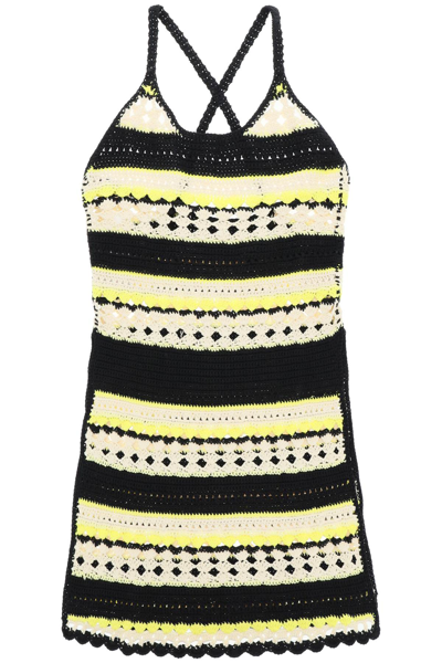 Shop Ganni Mini Crochet Dress In Black, Yellow, White
