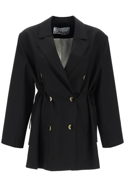 Shop Ganni Double Breasted Blazer With Self Tie Strings In Black
