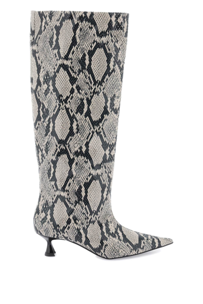 Shop Ganni Snake Printed Soft Slouchy High Boots In Beige, Black