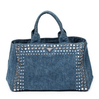 Shop Prada Large Studded Canapa Tote In Blue