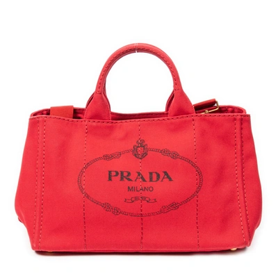 Shop Prada Medium Canapa Tote In Red