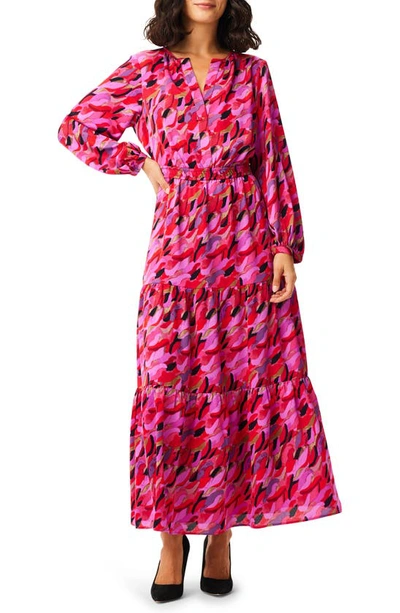 Shop Nic + Zoe Petal Splash Long Sleeve Satin Chiffon Maxi Dress In Pink Multi