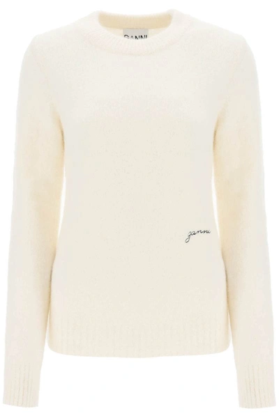 Shop Ganni Sweater In Brushed Alpaca Blend In White