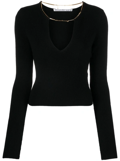 Shop Alexander Wang Women Logo Necklace V-neck Ls Pullover In 001 Black