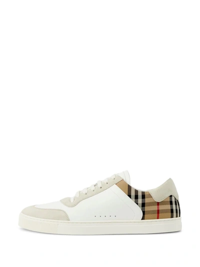 Shop Burberry Men Vintage Check Panelled Sneakers In White/archive Beige