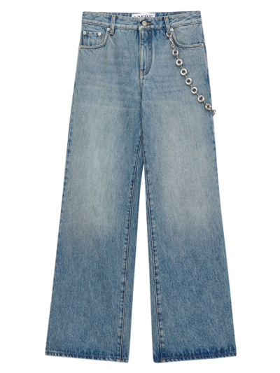 Shop Loewe Women's Chain-link Wide-leg Jeans In Washed Denim