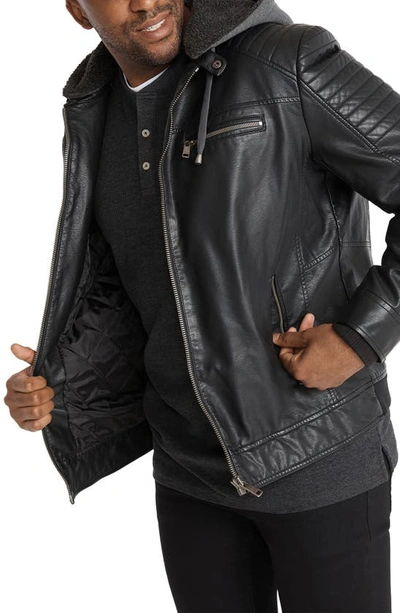 Shop Johnny Bigg Danny Faux Leather Biker Jacket With Removable Knit Hood In Black