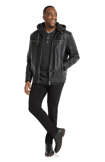 Shop Johnny Bigg Danny Faux Leather Biker Jacket With Removable Knit Hood In Black