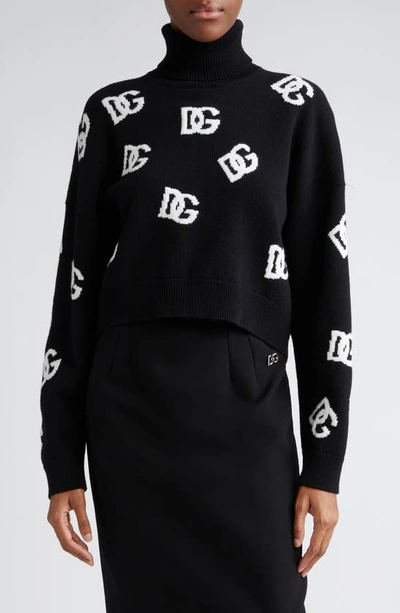 Shop Dolce & Gabbana Logo Intarsia Crop Virgin Wool Turtleneck Sweater In Nero/ Bianco
