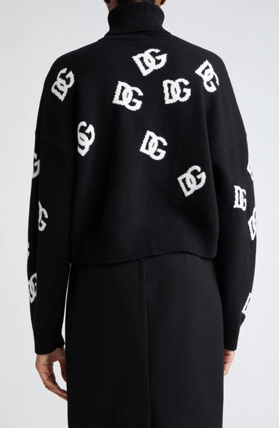 Shop Dolce & Gabbana Logo Intarsia Crop Virgin Wool Turtleneck Sweater In Nero/ Bianco