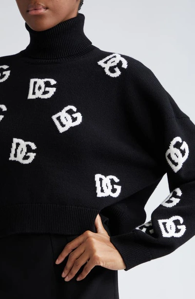 Shop Dolce & Gabbana Logo Intarsia Crop Virgin Wool Turtleneck Sweater In Nero/ Bianco