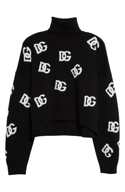 Shop Dolce & Gabbana Logo Intarsia Crop Virgin Wool Turtleneck Sweater In Nero/ Bianco