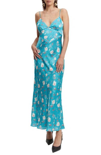 Shop Bardot Malinda Floral Tie Back Satin Maxi Dress In Blue Flora