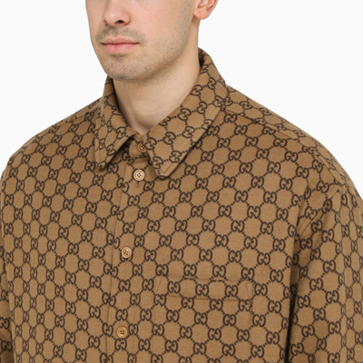 Shop Gucci Camel Wool Shirt With Gg Pattern Men In Brown