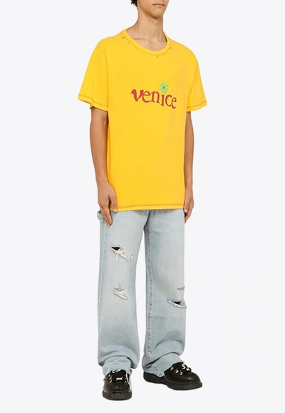 Shop Erl Distressed Venice Crewneck T-shirt In Yellow