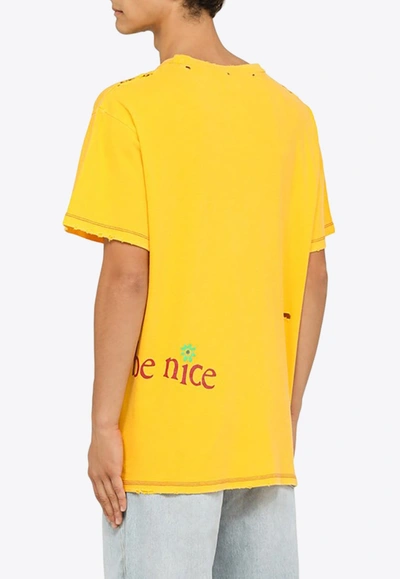 Shop Erl Distressed Venice Crewneck T-shirt In Yellow