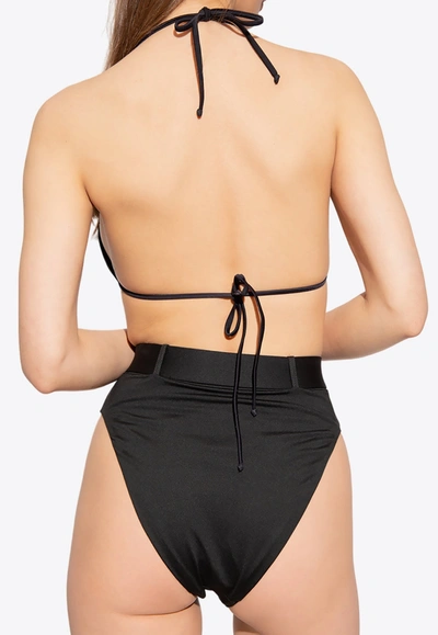 Shop Moschino Double Question Mark Print Bikini Top In Black
