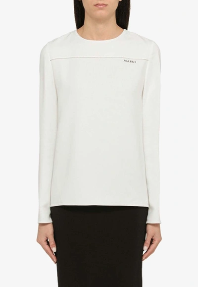 Shop Marni Embroidered Logo Long-sleeved Top In White