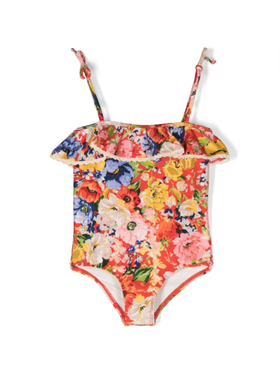 Shop Zimmermann Floral-print Ruffled Swimsuit In Multicolore