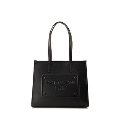 Shop Dolce & Gabbana Raised Logo Shopping Bag In Black