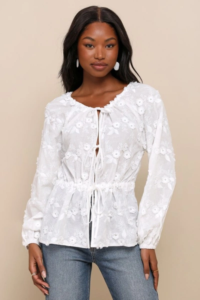 Lulus Wonderfully Darling White Embroidered Drawstring Tie-front Top In White