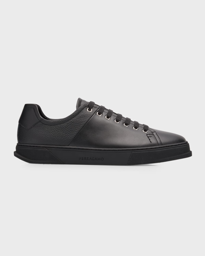 Shop Ferragamo Men's Clayton Mixed Leather Low-top Sneakers In Nero