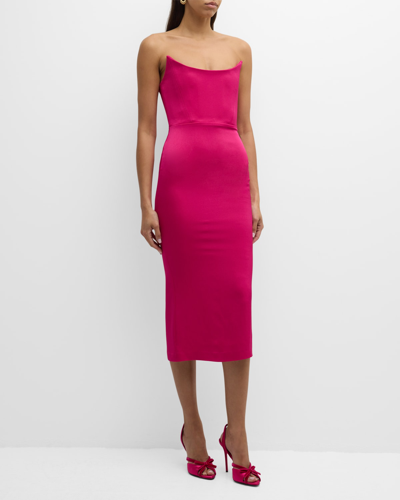 Shop Alex Perry Satin Crepe Curved Strapless Midi Dress In Raspberry