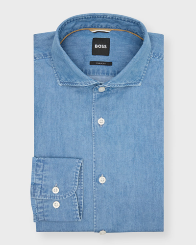 Shop Hugo Boss Men's Chambray Dress Shirt In Medium Blue