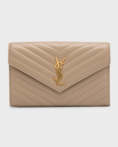 Shop Saint Laurent Ysl Monogram Large Wallet On Chain In Smooth Leather In Dusty Grey