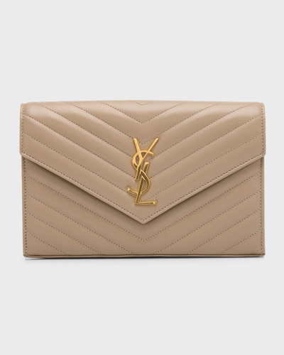 Saint Laurent Ysl Monogram Large Wallet On Chain In Smooth Leather In Dusty Grey