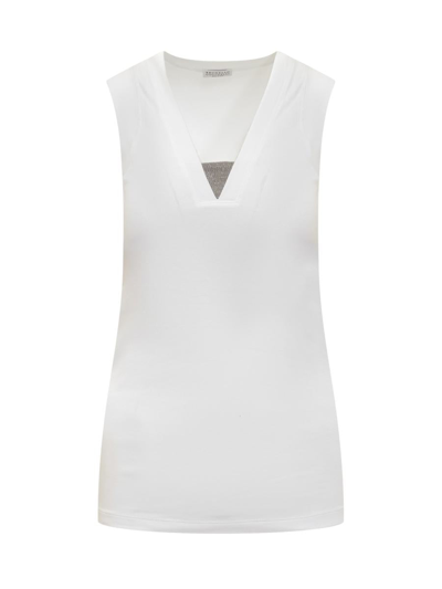 Shop Brunello Cucinelli Stretch Cotton Ribbed Jersey Top With Precious Insert In White