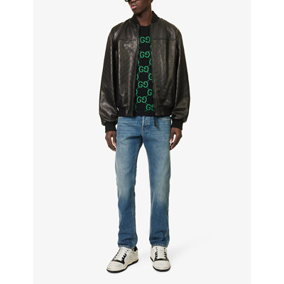 Shop Gucci Men's Black Monogram-debossed Relaxed-fit Leather Bomber Jacket