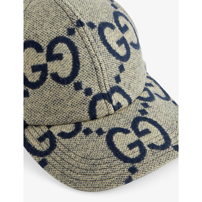 Shop Gucci Women's Beige/blu Monogram-patterned Wool Cap In Cream