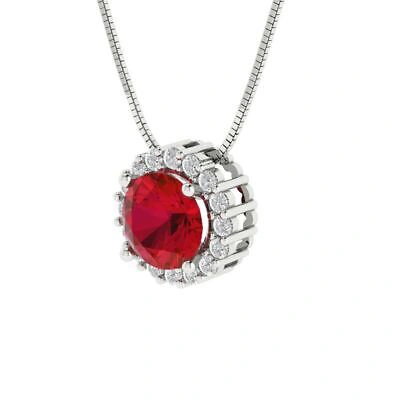 Pre-owned Pucci 1.3 Round Cut Vvs1 Halo Simulated Ruby Pendant Necklace 16" Chain 14k White Gold