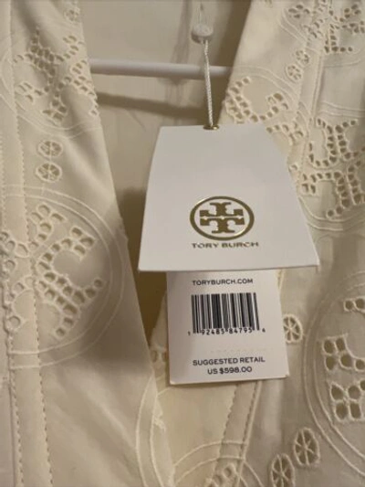 Pre-owned Tory Burch Womens Size 4 Ivory Logo Eyelet Midi Wrap Dress 100% Cotton In White