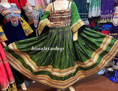 Pre-owned Pieces Afghan Kuchi Traditional Three  Shingai Green Coin Dress For Wedding
