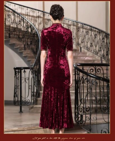 Pre-owned Handmade Custom Made To Order Cheongsam Qipao Embroidery Fish Tail Dress Plus 1x-10x Y279 In Burgundy