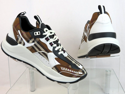 Pre-owned Burberry $870  Sean Brown Check Canvas White Black Leather Logo Sneakers 42 Us 9