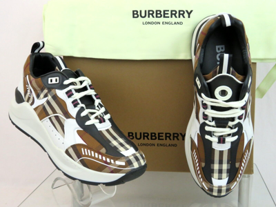 Pre-owned Burberry $870  Sean Brown Check Canvas White Black Leather Logo Sneakers 42 Us 9